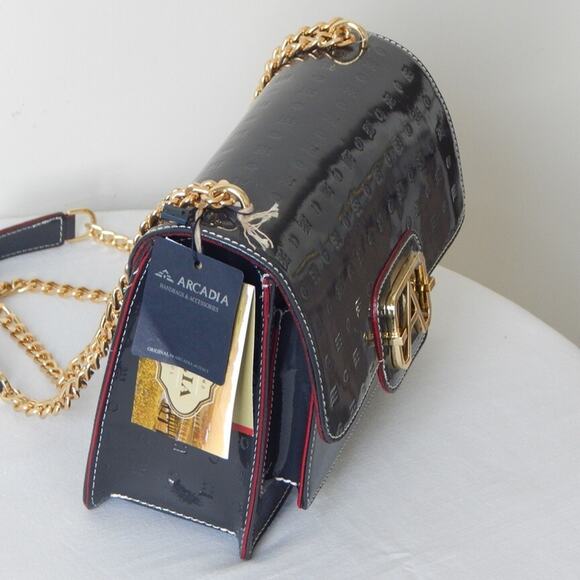 ARCADIA Genuine Patent Leather Flap Chain Crossbody Bag in Dark Grey Italy NWT - Picture 8 of 15